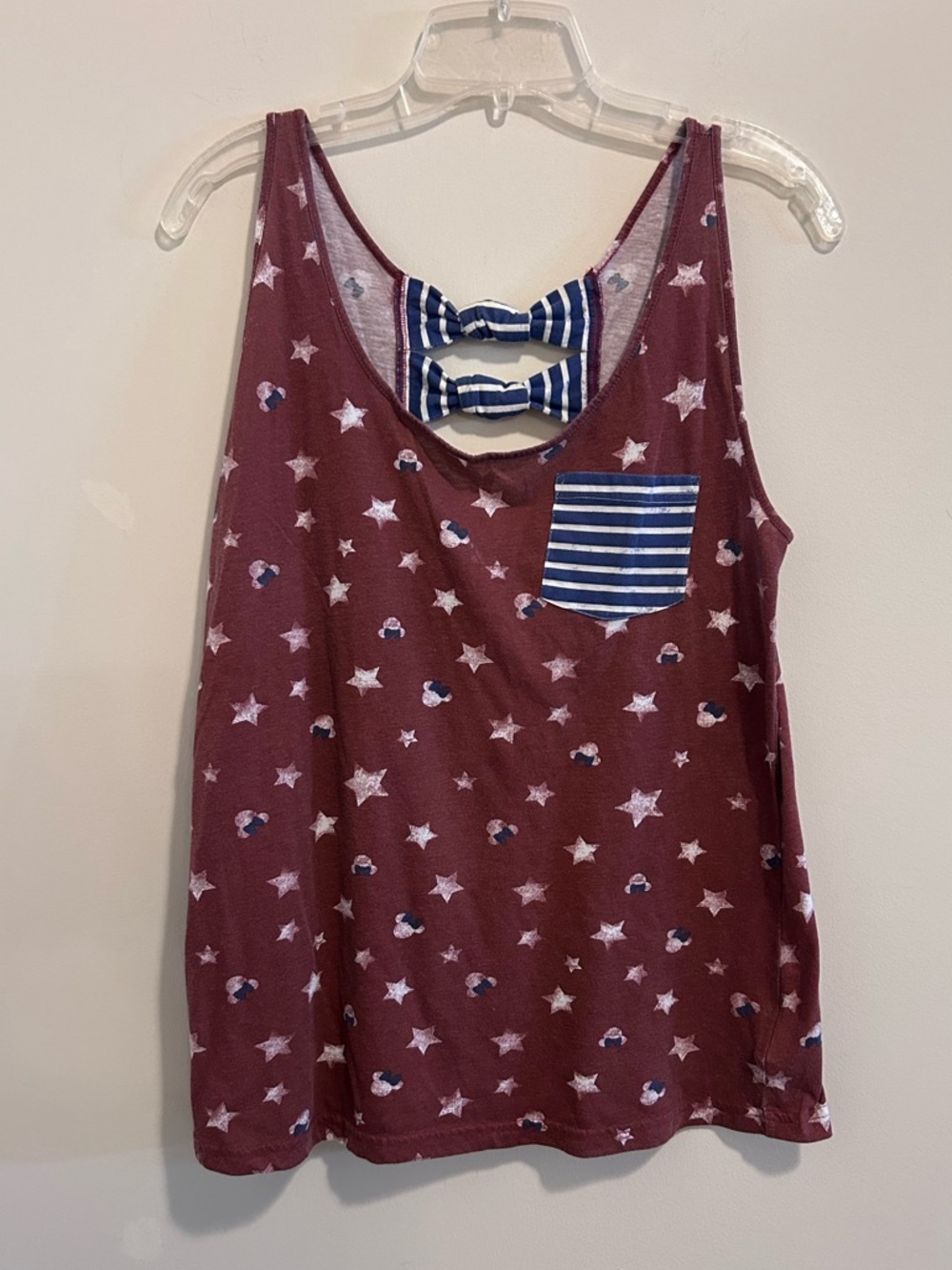 Women’s Burgundy Minnie Mouse Star Print Tank Top with Striped‎ Pocket